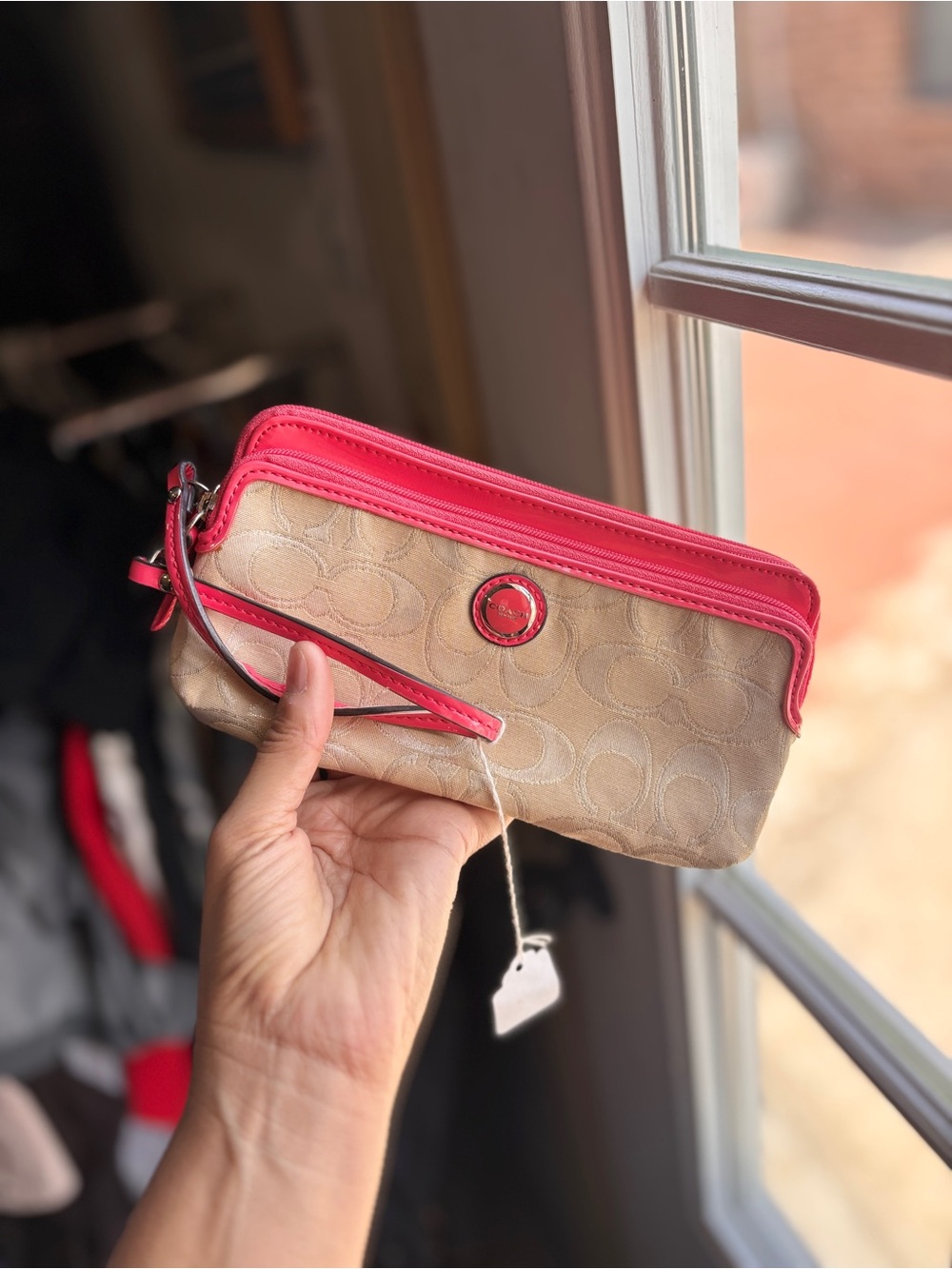 Coach Beige Signature Wristlet with Hot Pink Trim
